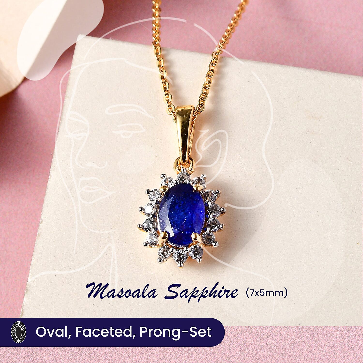 Masoala Sapphire and Natural Cambodian Zircon Halo Pendant with Chain (Size - 20) with Lobster Clasp in 18K Vermeil Yellow Gold Plated Sterling Silver 1.35  Ct.